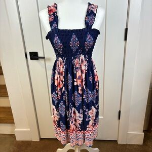 Win Win Women's Blue Orange Floral Sundress Summer Beach Size Small  a